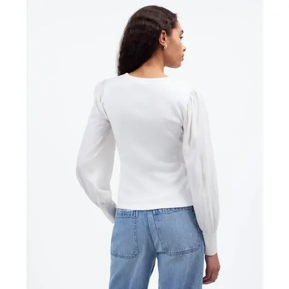 Madewell Ribbed Puff-Sleeve Top Sz S White Long Sleeve Slim Fit Pullover Cotton - Picture 3 of 8